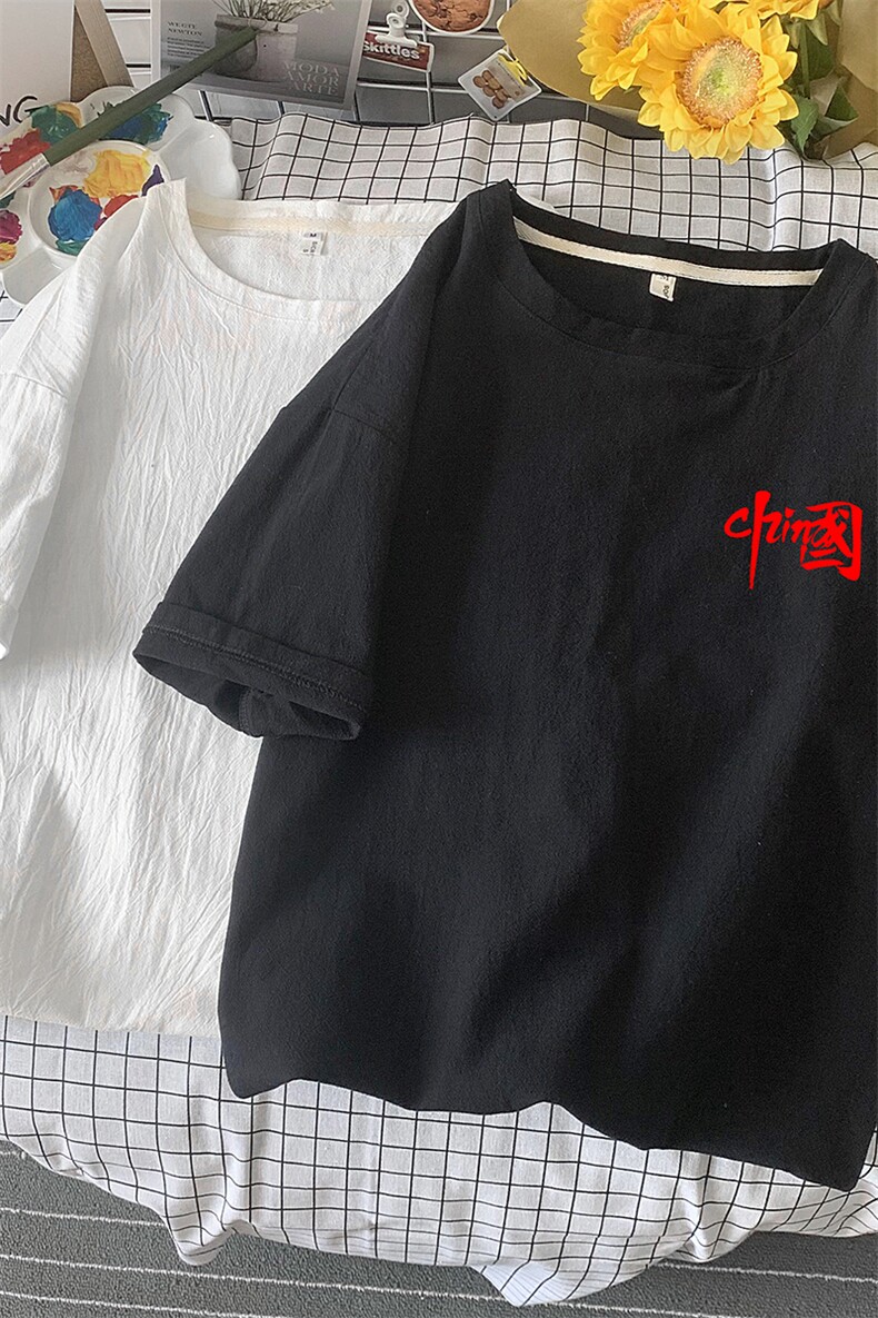 YT26276-P30亚麻短袖t恤男大码五分袖男宽松七分袖港风摆拍,男装T恤,电商A040