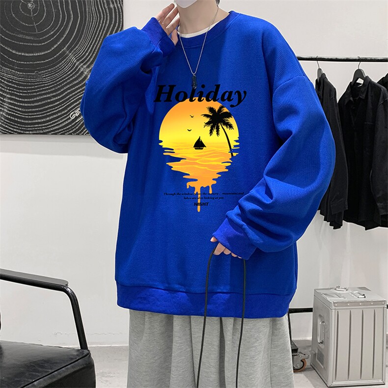 华夫格卫衣圆领卫衣男大码长袖t恤男外套HW76266-P30加绒款-P40,男装卫衣,电商A040