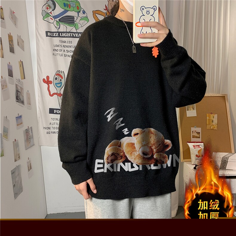 1港风新款宽松休闲中性情侣潮流印花毛衣男外套7960P55加绒P55图片