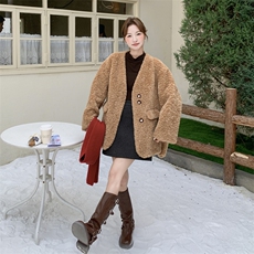 咖色美拉德复古V领羊羔毛外套女2025冬慵懒风保暖加厚毛绒绒上衣，女装短外套，浙宝210（原浙宝191）