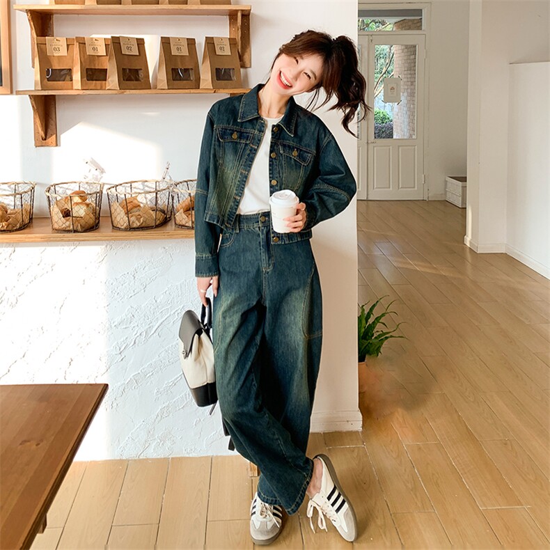 牛仔套装女2024春秋新款炸街休闲工装短款外套两件套，女装套装/套裙，点滴