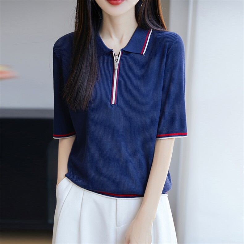 拼色POLO领休闲天丝针织短袖T恤女2025夏季时尚洋气小衫薄款上衣,针织衫/毛衣,唐诺