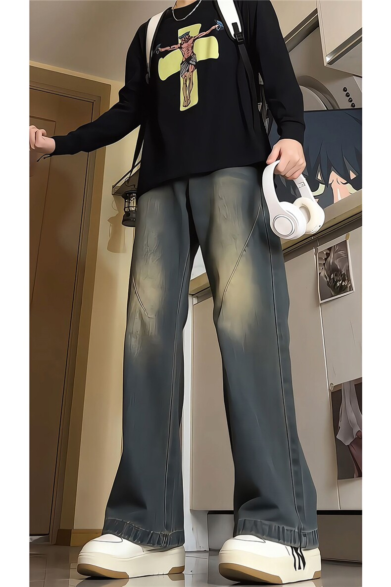 美式复古拼接微喇牛仔裤男款春秋高街水洗渐变裤子KZ005P60,男装牛仔裤,电商B312