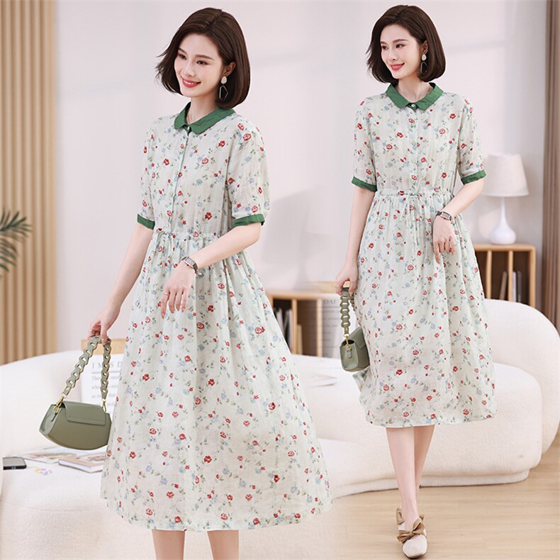 现货HZ82457精工叠加立领高密天然纯苎麻连衣裙抽带休闲显瘦气质，女装连衣裙，凝聚力