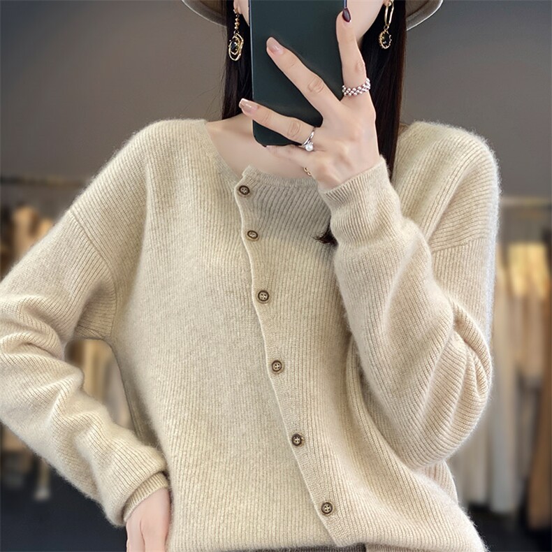 100%纯羊毛开衫女秋冬新款斜扣宽松慵懒羊绒衫外套毛衣长袖打底衫,女装羊毛衫,琳尚羊绒