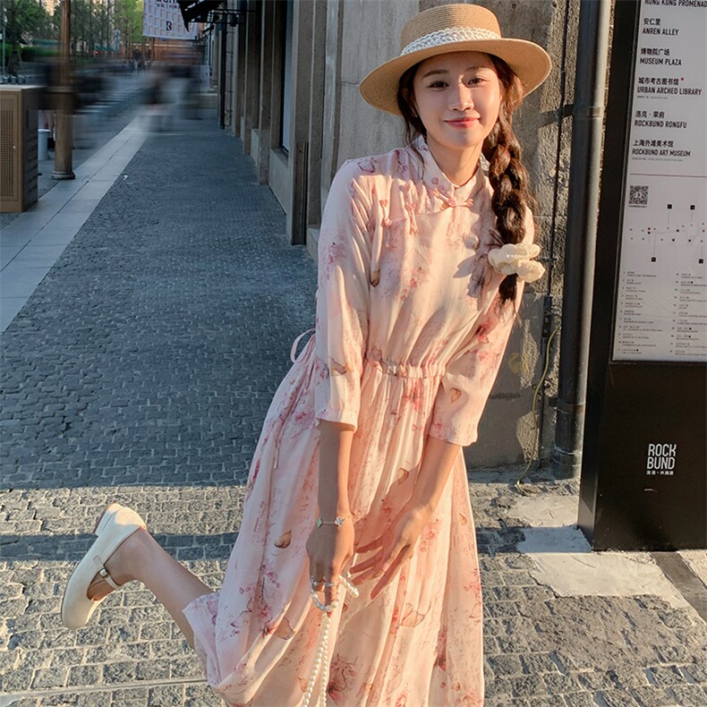 2025年夏季新款清新甜美复古盘扣风连衣裙印花收腰显瘦温柔长裙子,女装连衣裙,天使之佳话