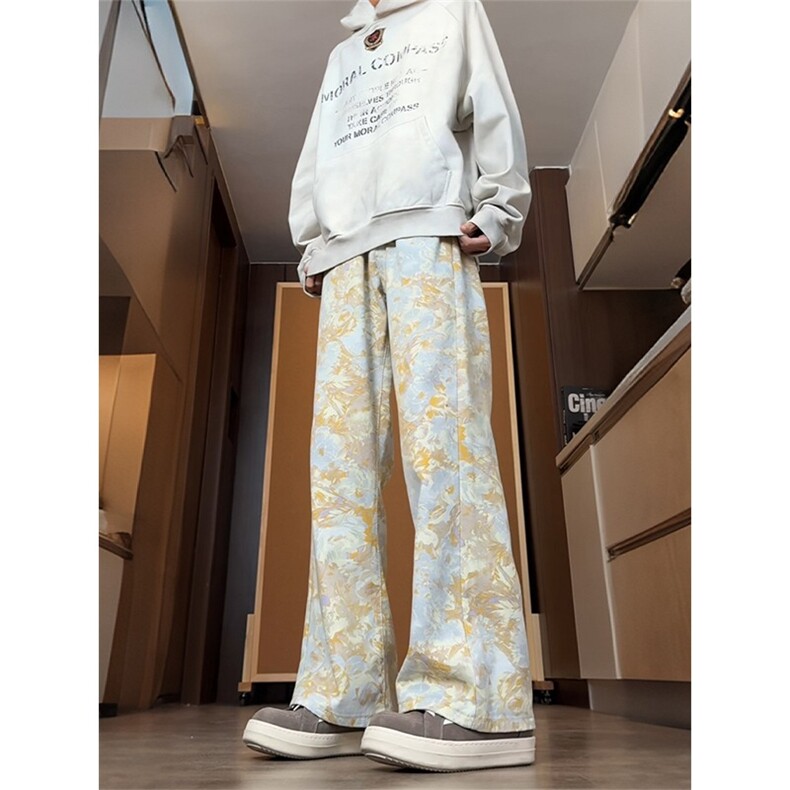 美式扎染满印牛仔裤男款潮牌水洗弯刀裤直筒微喇长裤CT111，男装牛仔裤，星座208-5