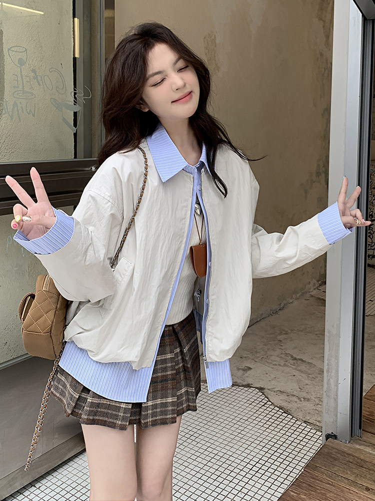 假两件条纹翻领拼接白色外套女春季2025新款韩版百搭工装夹克上衣,女装短外套,辉之琳