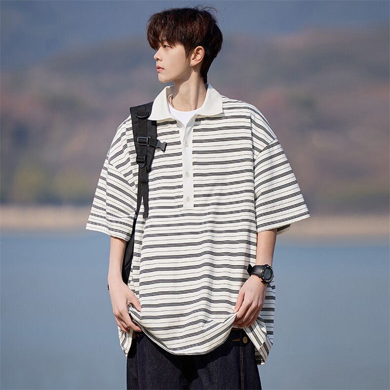 大码条纹撞色翻领纽扣宽松短袖T恤POLO衫225-2-8801-P45控65，男装T恤，星座225-2