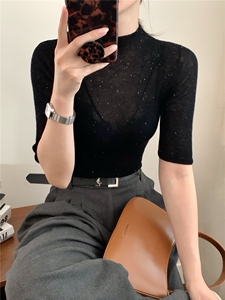 2025新款女套头珠片纱小立领修身中袖精纺超薄款半高针织打底衫图片