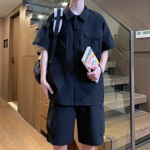 夏季薄款冰丝衬衫短袖短裤两件套装 TZ38P65图片