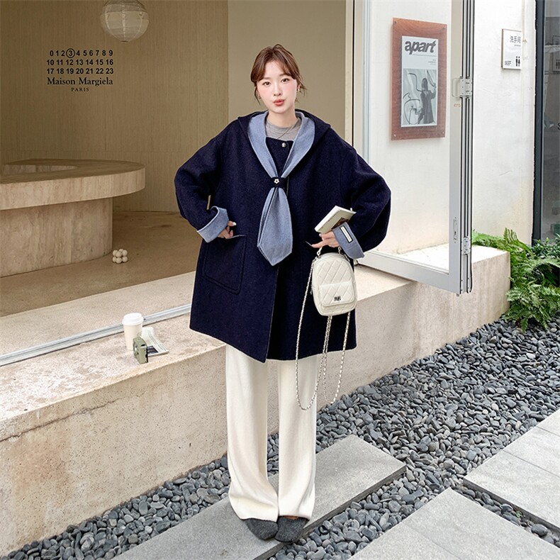 藏青色学院风撞色拼接双面呢羊毛外套女秋冬2025新款设计减龄大衣,女装毛呢外套,2C015