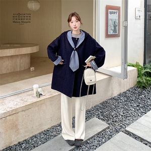 藏青色学院风撞色拼接双面呢羊毛外套女秋冬2025新款设计减龄大衣图片