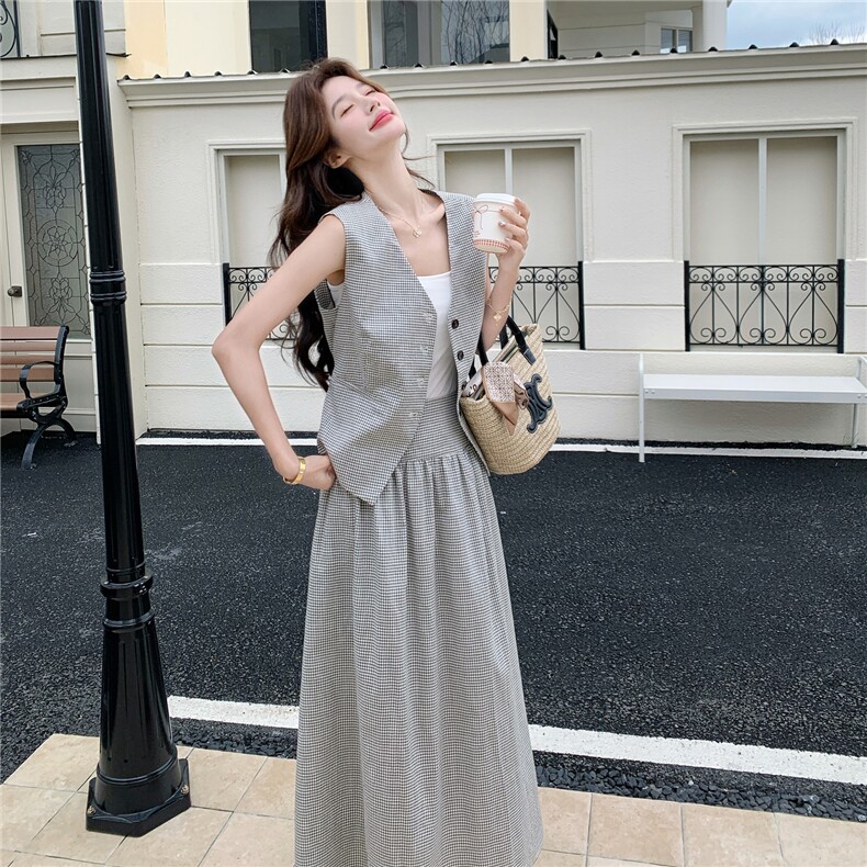 松弛感复古格子无袖马甲半身裙套装女夏季2026新款通勤气质两件套,女装套装/套裙,艾米莉亚