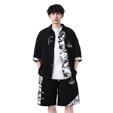 新中式竹纹拼接短袖衬衫夏季风潮牌半袖衬衣外套A436-T18-P65，男装衬衫，电商A436