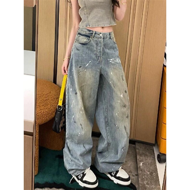 春季新款休闲脏色做旧泼漆涂鸦印花设计宽松直筒牛仔裤N8070,男装牛仔裤,星座1116A（原606A-3）