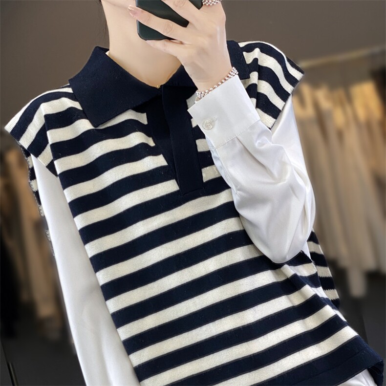 叠穿条纹羊毛针织衫翻领马甲女春秋季坎肩外搭短款毛衣背心上衣，女装马甲，雪真羊绒