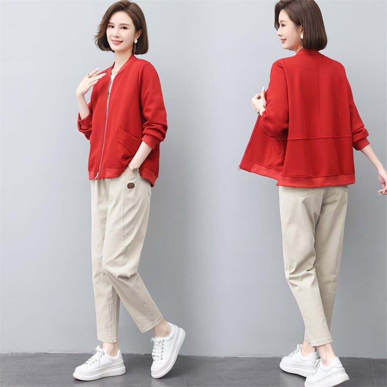 卡其色裤子女2024年春秋新款妈妈纯棉九分休闲裤中老年宽松直筒裤，女装套装/套裙，璐依舞