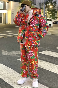 TZ206男士休闲东北大花连帽棉衣加绒裤套装风民族潮男女装图片