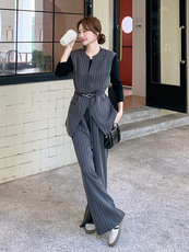 老钱风灰色条纹马甲T恤休闲裤套装女春秋季高级小众不撞款三件套，女装套装/套裙，浙宝192（原082）