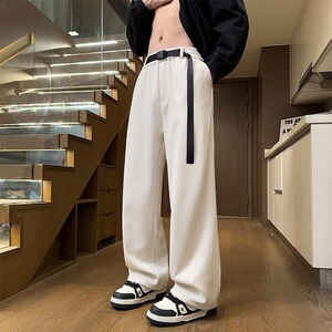 港风秋款男休闲裤华夫格拼接长腰带直筒宽松长裤h0604 P45图片