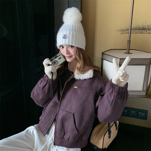 美式复古毛领麂皮绒外套女冬季2025新款夹棉保暖宽松机车夹克上衣图片
