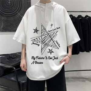 LD54456-P45 连帽短袖t恤男大码胖子带帽五分袖中袖图片