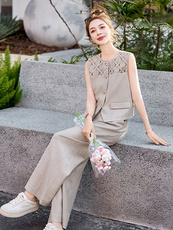 镂空绣花马甲阔腿裤套装女2026春夏新款气质无袖西装阔腿裤两件套，女装套装/套裙，美沁