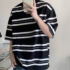 条纹圆领纯棉短袖上衣男款韩版小众设计休闲宽松潮流百搭半袖t恤，男装T恤，星座506A