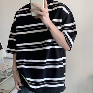 条纹圆领纯棉短袖上衣男款韩版小众设计休闲宽松潮流百搭半袖t恤图片
