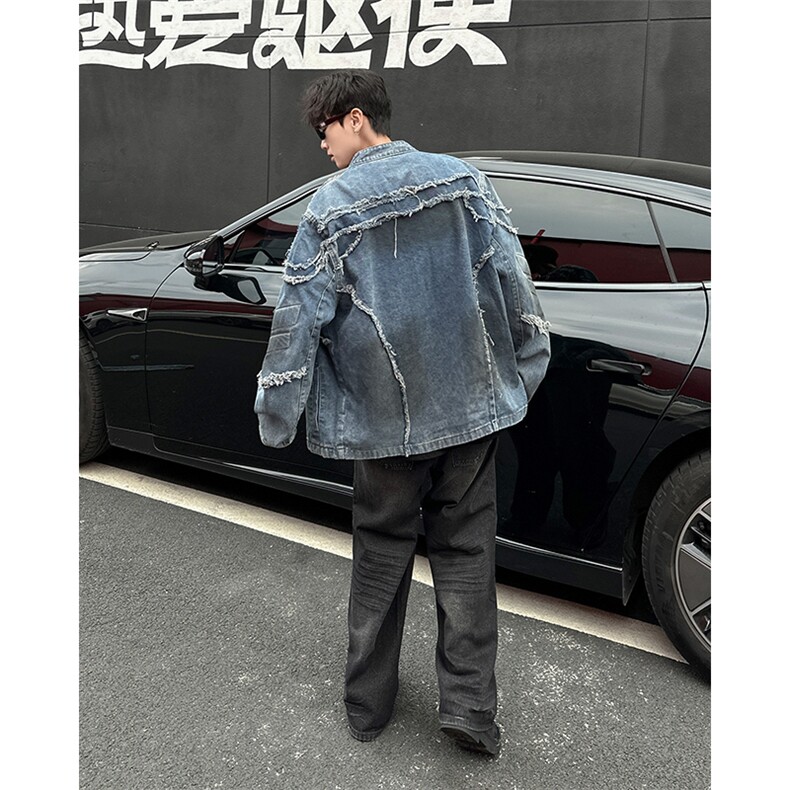 毛边牛仔外套男春秋宽松水洗做旧高级感立体浮雕夹克JN1239-P88,男装夹克,星座302B