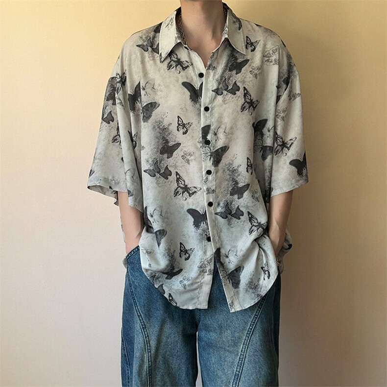 夏季现货印花短袖衬衣男潮牌冰丝花衬衫A351-AC25603-p48控89图片