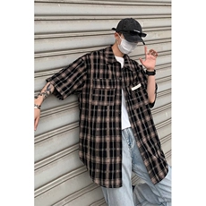 衬衫男韩版潮流短袖格子贴标个性2023夏季新款ins外套CS0588-P43，男装衬衫，星座308B-1