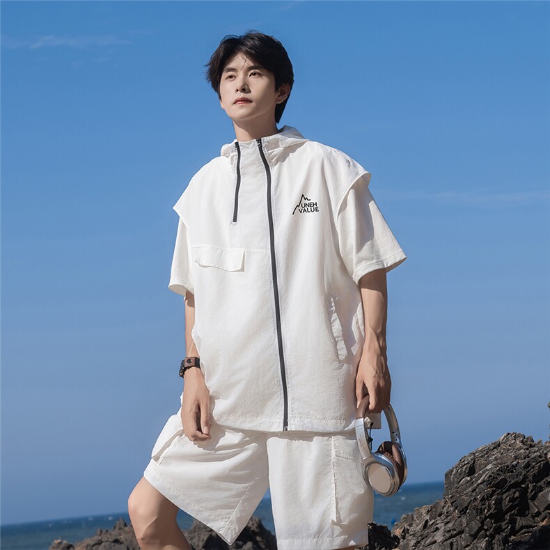 港风24夏款时尚无袖连帽拉链套装TZ614801P70控98，男装休闲套装，电商A268A