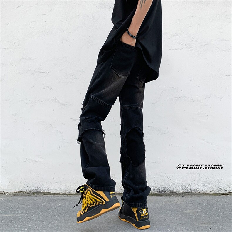 B221美式ins高街暗黑小众撞色破洞直筒牛仔裤LK23109-P65控88,男装牛仔裤,电商B221