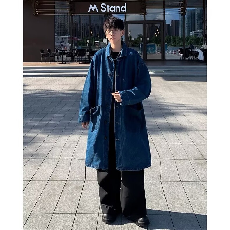韩版复古翻领牛仔风衣男中长款外套休闲宽松牛仔外套BF08-P75,男装工装外套,星座1001-1