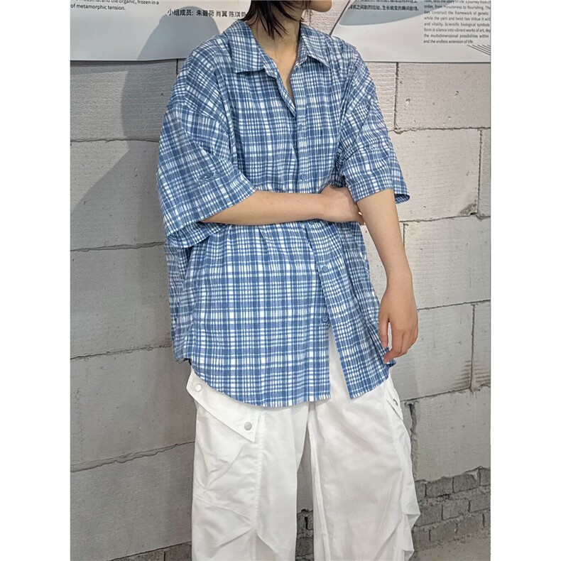 C316CS8333P68夏季新款格子撞色小清新蓝色刺绣短袖衬衫宽松,男装T恤,电商C316