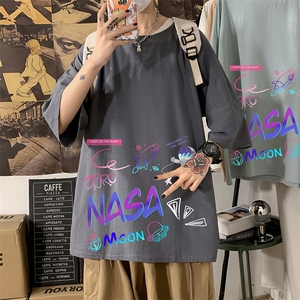 YT26186-P30 NASA联名同款亚麻短袖t恤男大码五分袖男 海报风图片