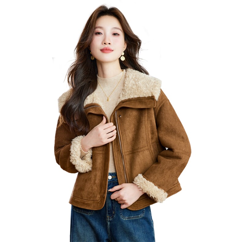 翻领皮毛一体外套2025冬季新款韩版显瘦气质复古小个子羊羔毛棉袄,女装羊羔毛/颗粒绒,拾衣