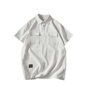 白砖 夏季条纹工装口袋新款短袖衬衫潮男宽松大码衬衣T90-P40图片