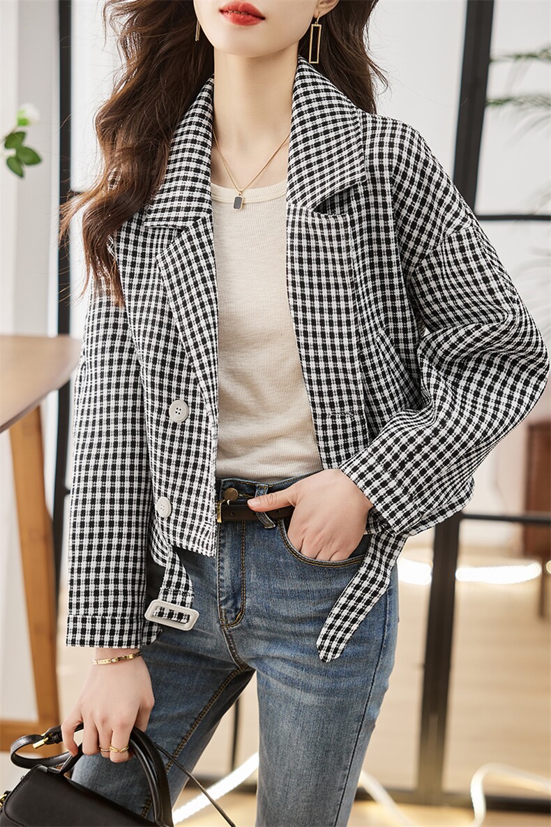 小个子短款格子外套女2023春季新款时尚百搭单排扣夹克风衣上衣,女装短外套,辉之琳
