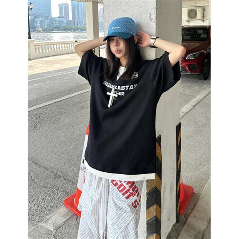 潮牌假两件撞色拼接短袖T袖女复古学院风字母印花上衣T519,男装T恤,星座1116A（原606A-3）