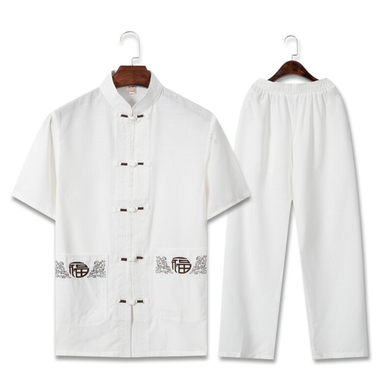 782爸爸夏季套装中老年短袖唐装中国风刺绣福字服装爷爷太服,男装休闲套装,星座1216（原钱塘722）