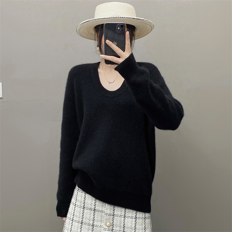 欧货秋冬软糯纯山羊绒衫女毛衣U型圆领加厚针织宽松套头打底衫,女装羊绒衫,织绒羊