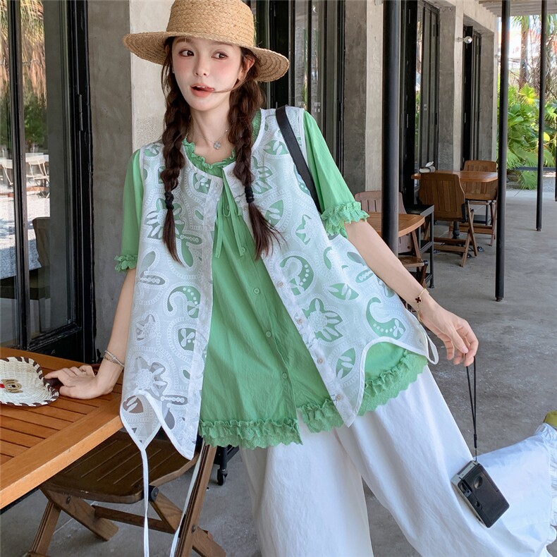 温柔风不规则蕾丝罩衫木耳边衬衣套装女夏季2025新款阔腿裤三件套,女装套装/套裙,含赞
