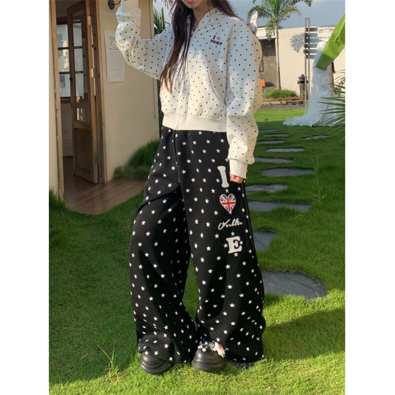 Amoeba美式复古满印星星印花宽松阔腿抽绳直筒休闲卫裤女百搭长裤,男装休闲裤,星座506A