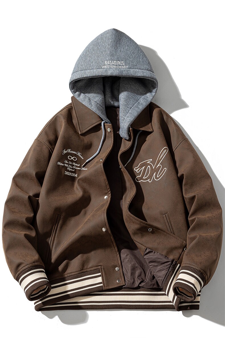 现货三色字母PU皮棒球服外套秋冬棉服带帽可拆卸,男装棉衣,电商A105