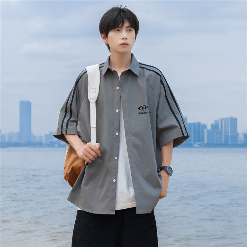 港风24夏款时尚印花织带拼接短袖衬衫TPS62601P35控58,男装衬衫,电商A268A