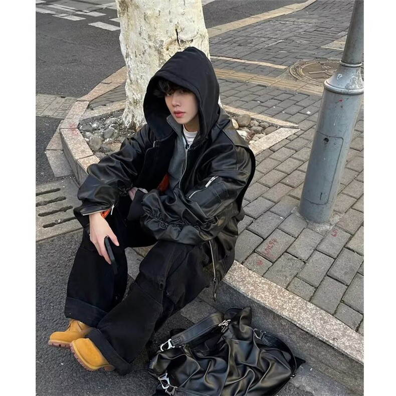 美式复古港风皮衣外套新款街头pu皮夹克男宽松513APY2434P68图片
