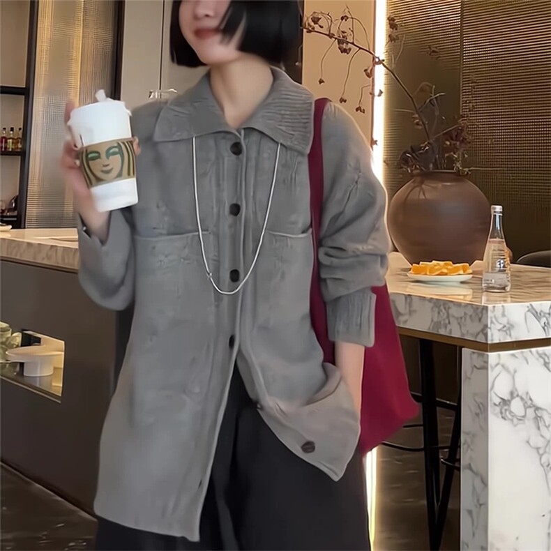 秋冬新款纯色针织翻领单排扣开衫时尚百搭,针织衫/毛衣,泰沅羊绒